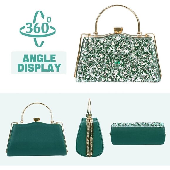 Women Green Sparkly Crystal Clutch Rhinestone Diamond Handbag - Picture 5 of 7